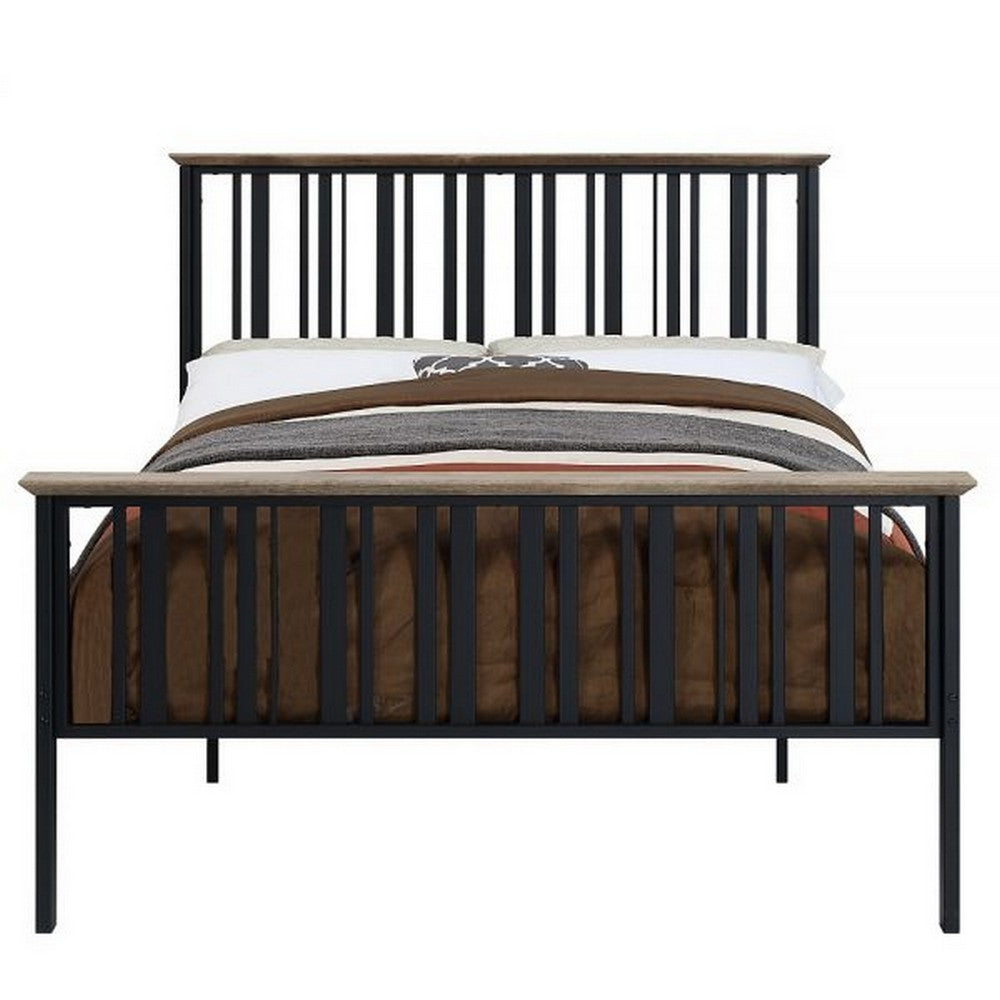 Benjara Nori Full Bed with Slatted Metal Frame, MDF Wood, Oak Brown And Black