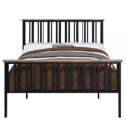 Benjara Nori Full Bed with Slatted Metal Frame, MDF Wood, Oak Brown And Black