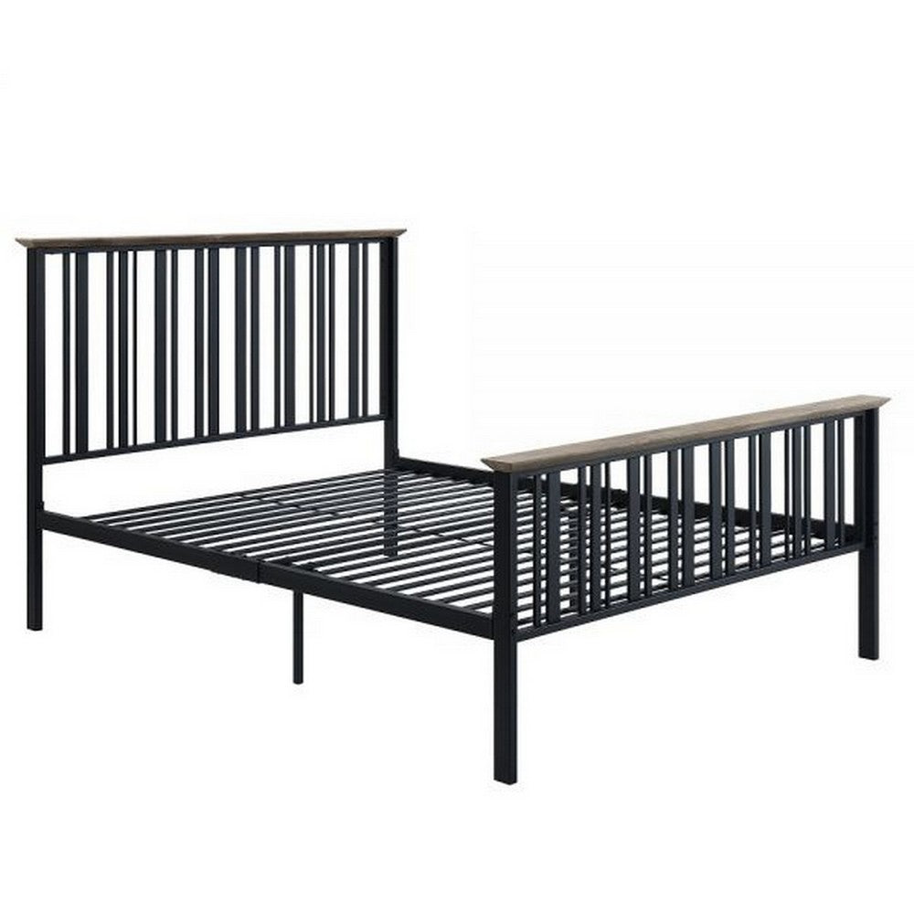 Benjara Nori Full Bed with Slatted Metal Frame, MDF Wood, Oak Brown And Black