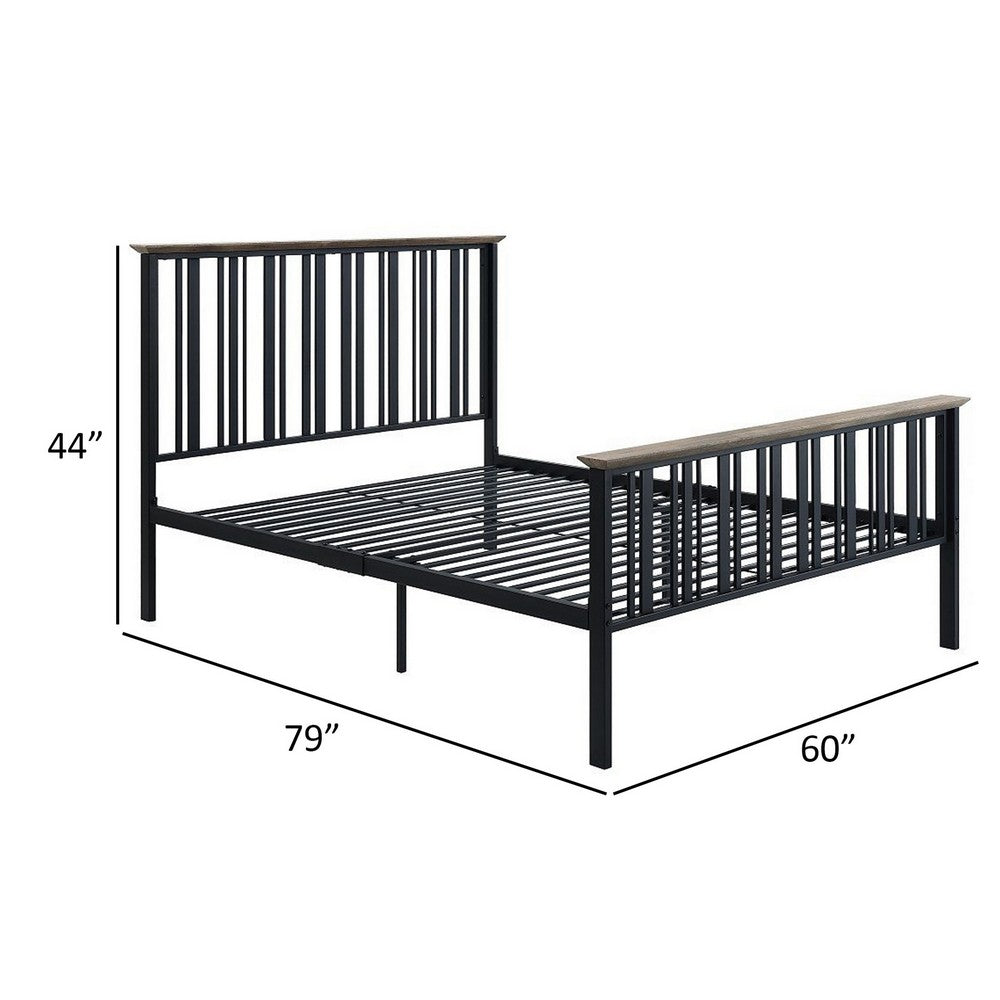Benjara Nori Full Bed with Slatted Metal Frame, MDF Wood, Oak Brown And Black