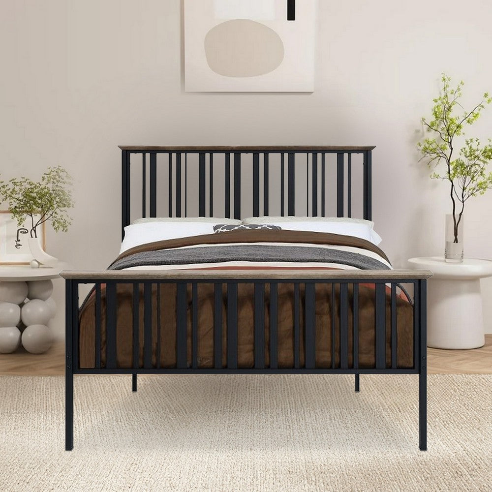 Benjara Nori Full Bed with Slatted Metal Frame, MDF Wood, Oak Brown And Black