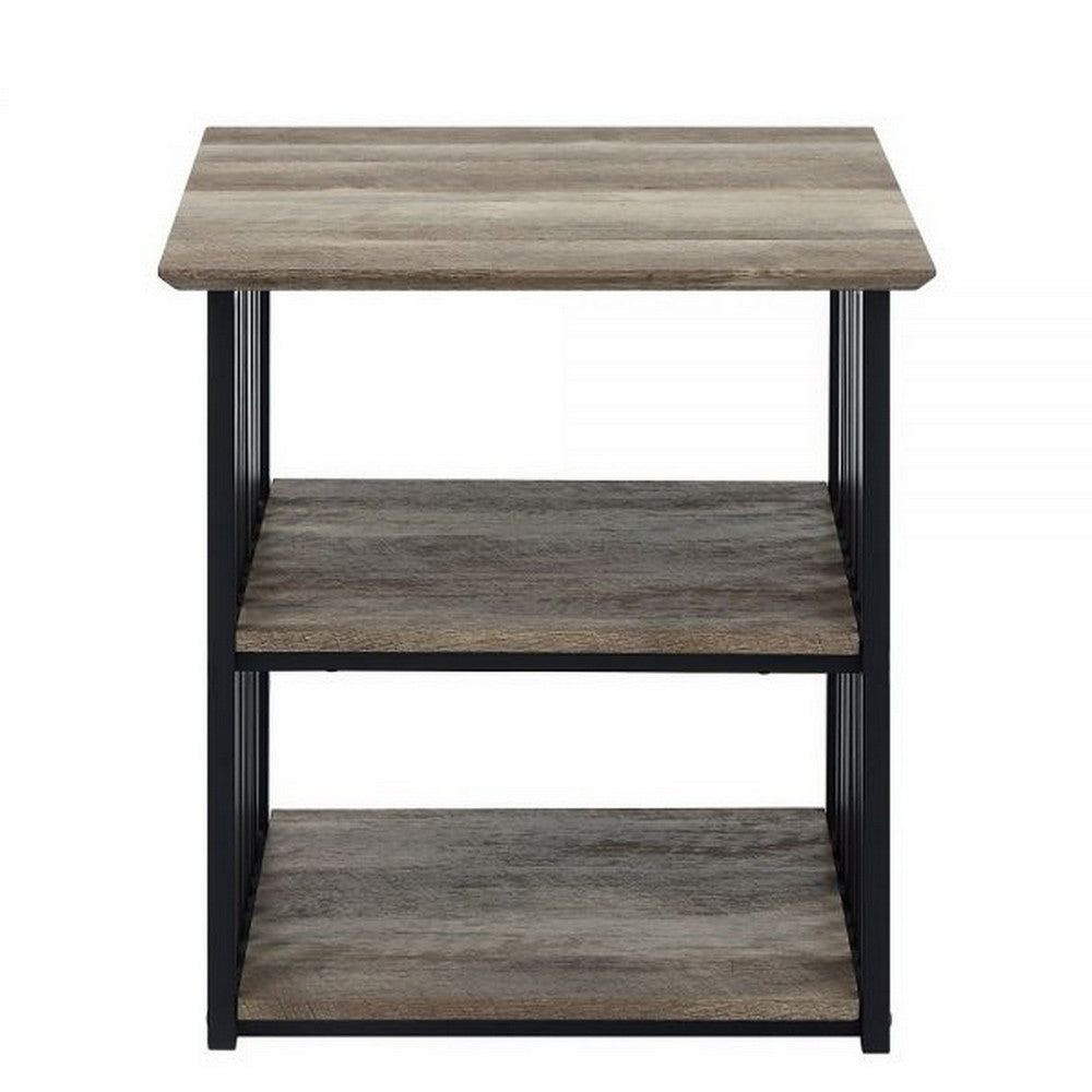 Benjara Nori 23 Inch Nightstand, 2 Shelves, Metal Base, MDF, Antique Oak And Black