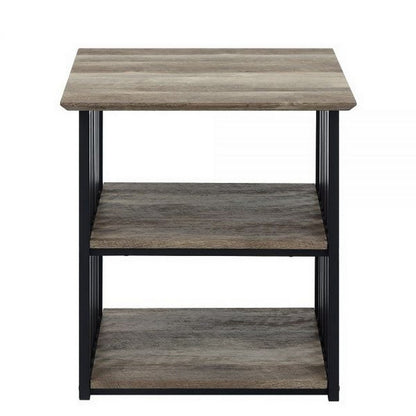 Benjara Nori 23 Inch Nightstand, 2 Shelves, Metal Base, MDF, Antique Oak And Black