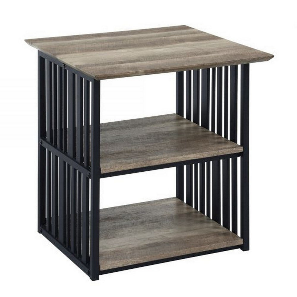Benjara Nori 23 Inch Nightstand, 2 Shelves, Metal Base, MDF, Antique Oak And Black