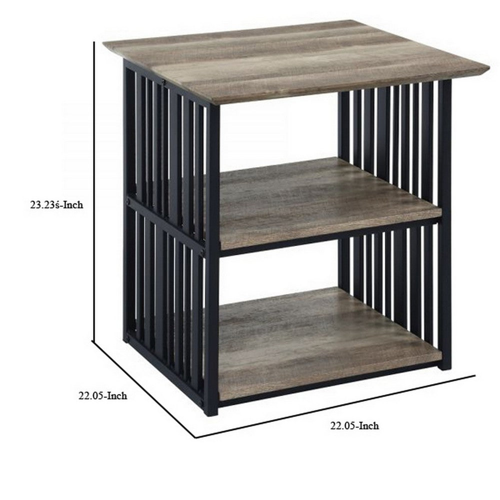 Benjara Nori 23 Inch Nightstand, 2 Shelves, Metal Base, MDF, Antique Oak And Black