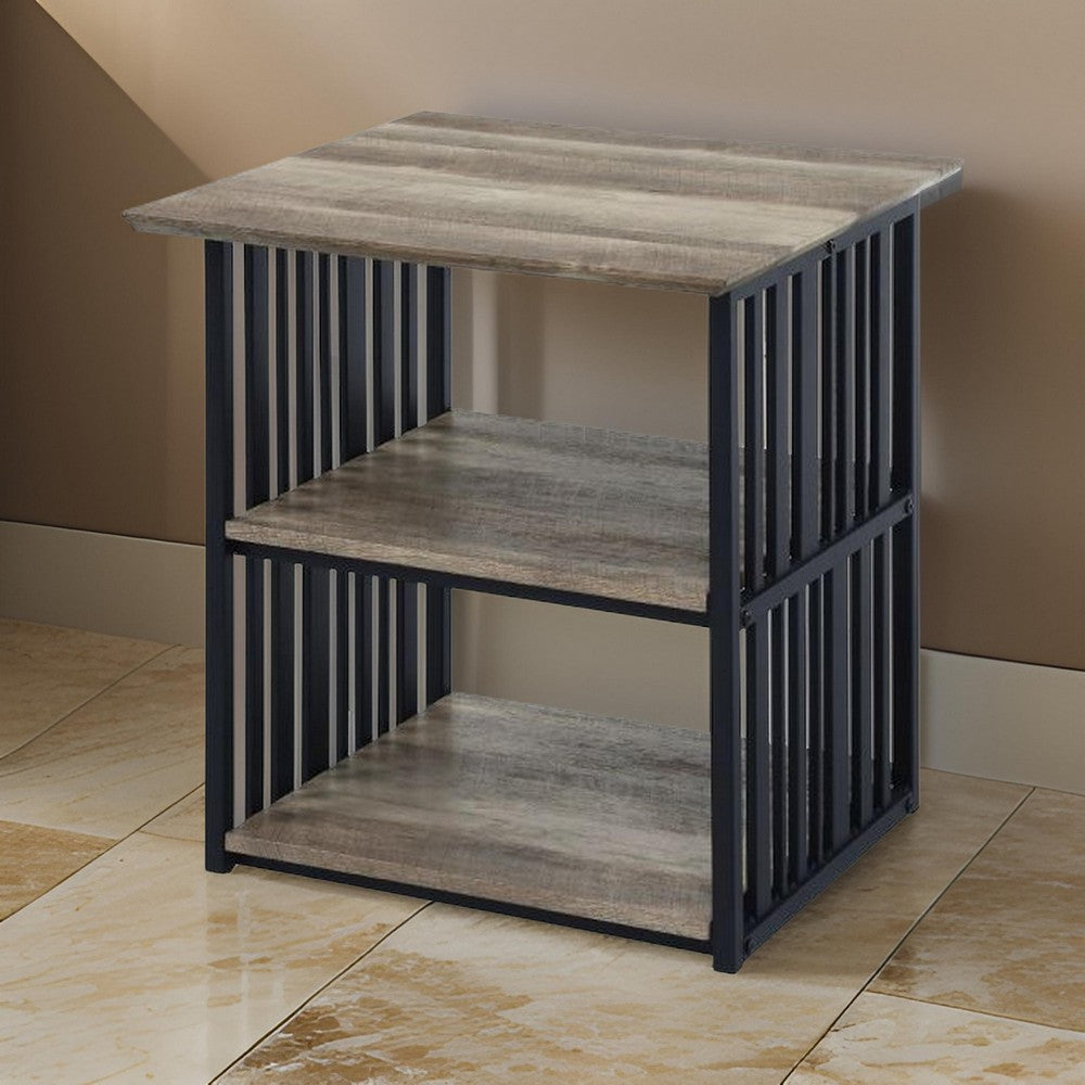 Benjara Nori 23 Inch Nightstand, 2 Shelves, Metal Base, MDF, Antique Oak And Black
