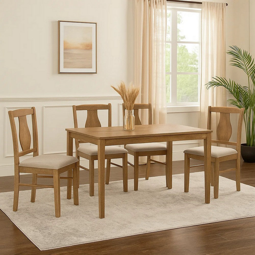 Benjara 5 Piece Dining Table Set with 4 Chairs, Rubberwood, Weathered Oak