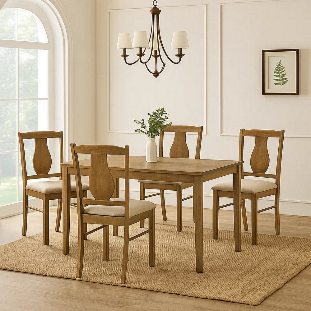 Benjara 5 Piece Dining Table Set with 4 Chairs, Rubberwood, Weathered Oak