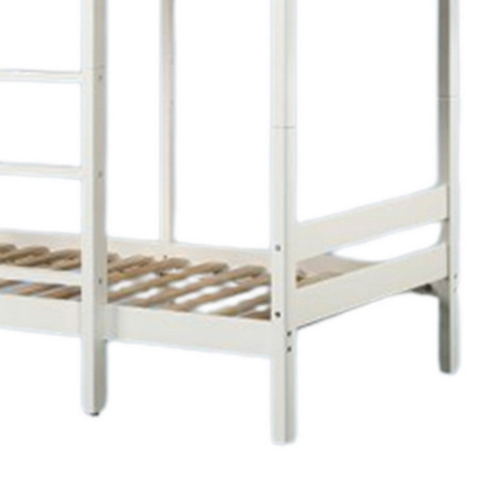 Benjara Asin Twin Bunk Bed with Front Facing Ladder, Pine Wood, Crisp White Finish
