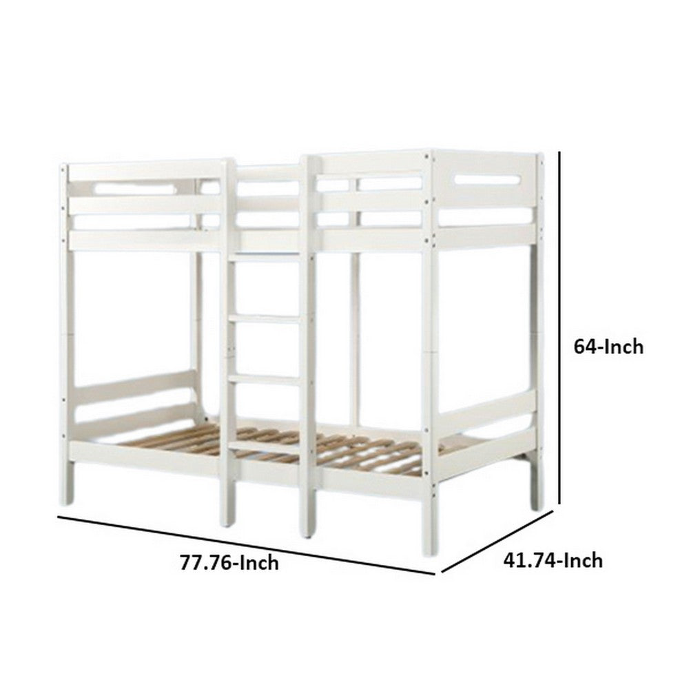 Benjara Asin Twin Bunk Bed with Front Facing Ladder, Pine Wood, Crisp White Finish