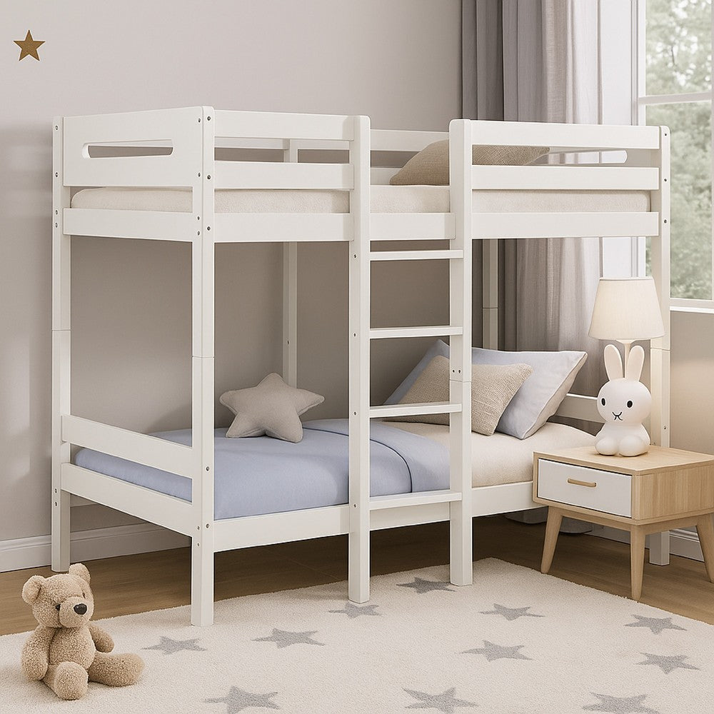 Benjara Asin Twin Bunk Bed with Front Facing Ladder, Pine Wood, Crisp White Finish