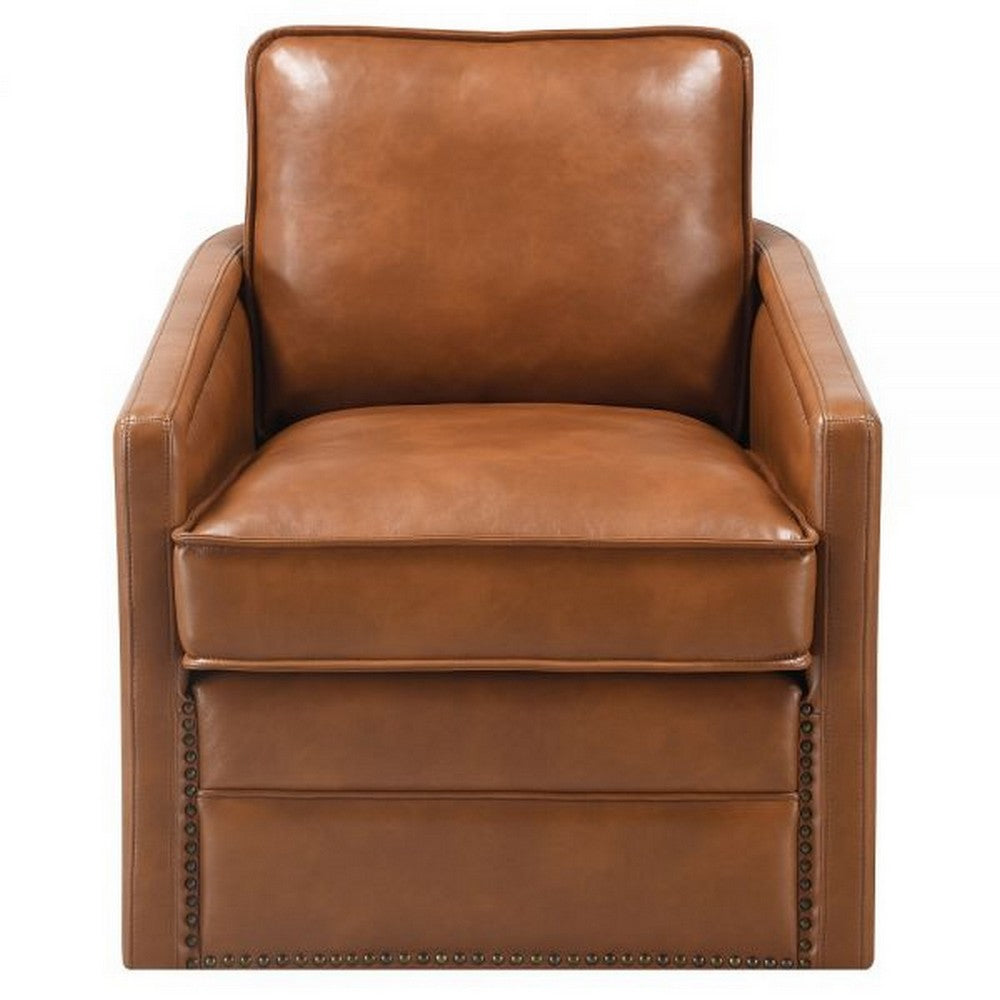 Benjara Roco 34 Inch Accent Chair with Swivel, Faux Leather Upholstery, Brown