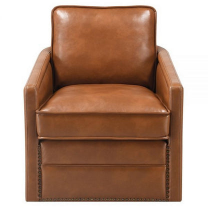Benjara Roco 34 Inch Accent Chair with Swivel, Faux Leather Upholstery, Brown