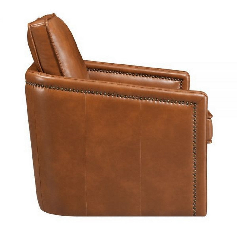 Benjara Roco 34 Inch Accent Chair with Swivel, Faux Leather Upholstery, Brown