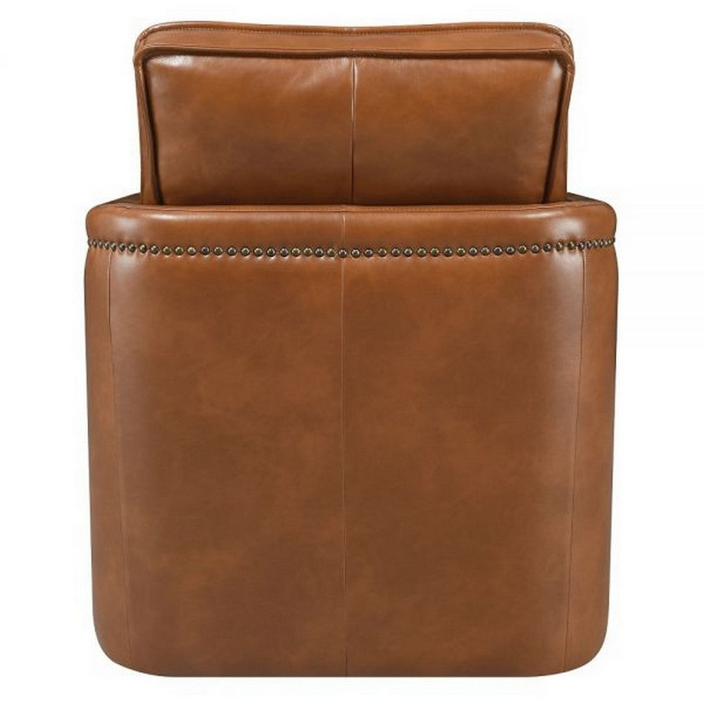 Benjara Roco 34 Inch Accent Chair with Swivel, Faux Leather Upholstery, Brown