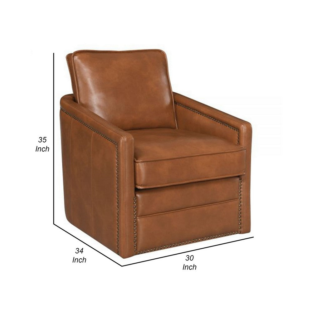 Benjara Roco 34 Inch Accent Chair with Swivel, Faux Leather Upholstery, Brown