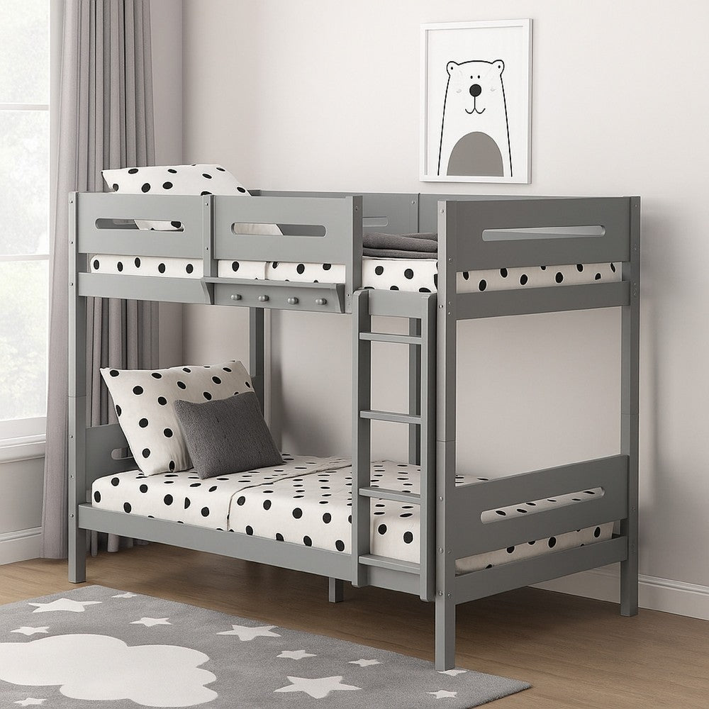 Benjara Asin Twin Bunk Bed with Front Facing Ladder, Solid Pine Wood, White Finish