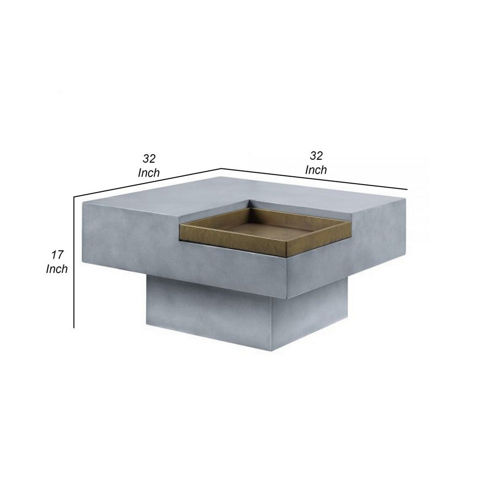 Benjara 32 Inch Coffee Table with Removable Tray, Cement Construction, Smooth Gray