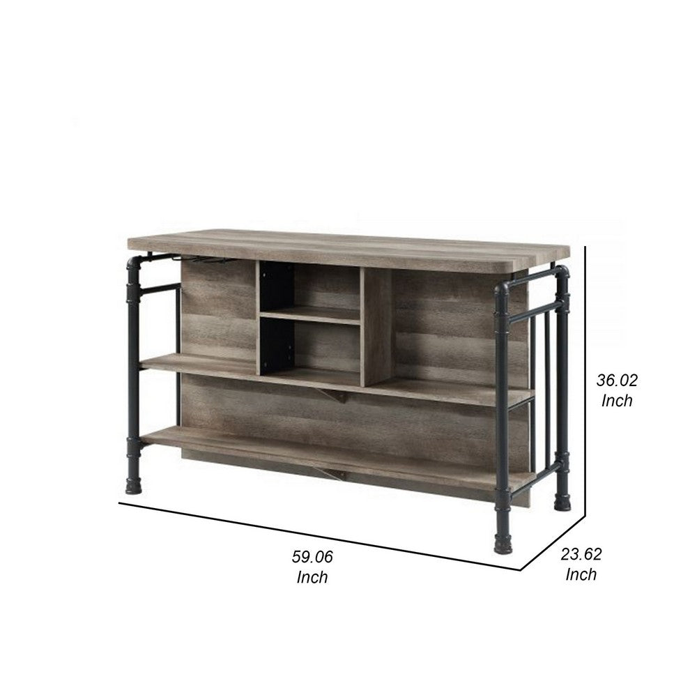 Benjara 59 Inch Kitchen Island with 2 Shelves, Industrial Antique Oak Brown, Gray