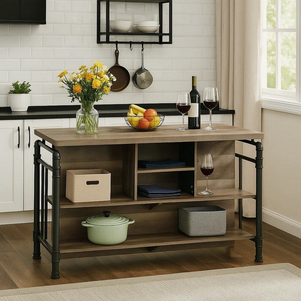 Benjara 59 Inch Kitchen Island with 2 Shelves, Industrial Antique Oak Brown, Gray