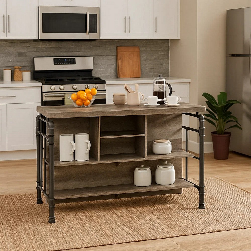 Benjara 59 Inch Kitchen Island with 2 Shelves, Industrial Antique Oak Brown, Gray