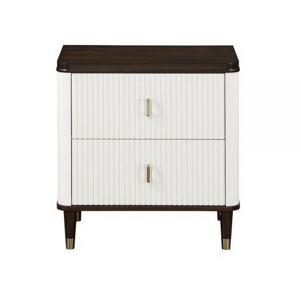 Benjara Aren 27 Inch Nightstand, 2 Drawers, USB Charger, Solid Wood, White, Brown