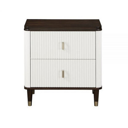 Benjara Aren 27 Inch Nightstand, 2 Drawers, USB Charger, Solid Wood, White, Brown