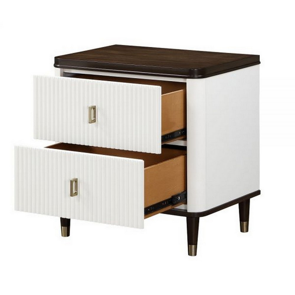 Benjara Aren 27 Inch Nightstand, 2 Drawers, USB Charger, Solid Wood, White, Brown
