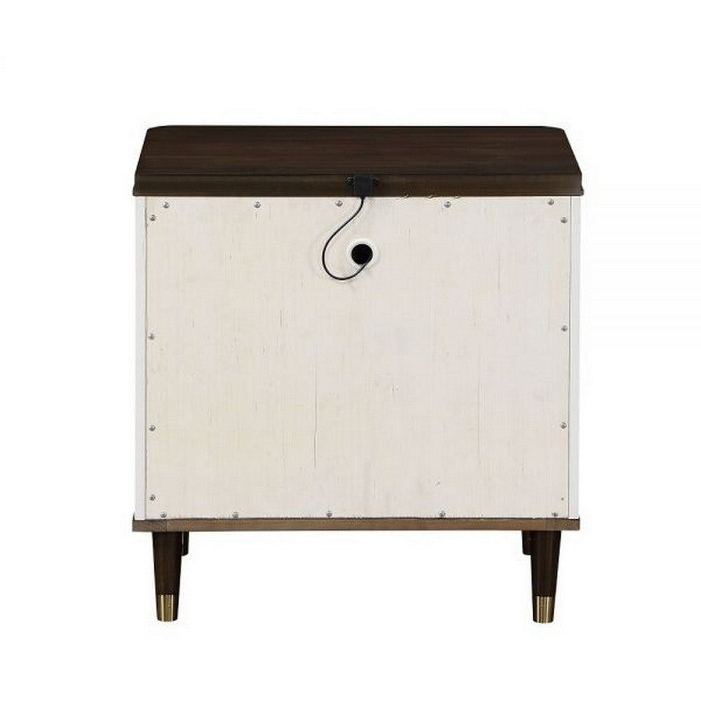 Benjara Aren 27 Inch Nightstand, 2 Drawers, USB Charger, Solid Wood, White, Brown