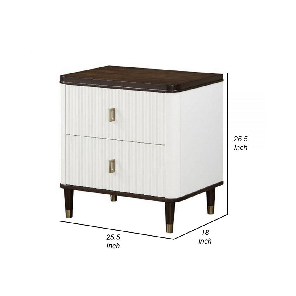 Benjara Aren 27 Inch Nightstand, 2 Drawers, USB Charger, Solid Wood, White, Brown