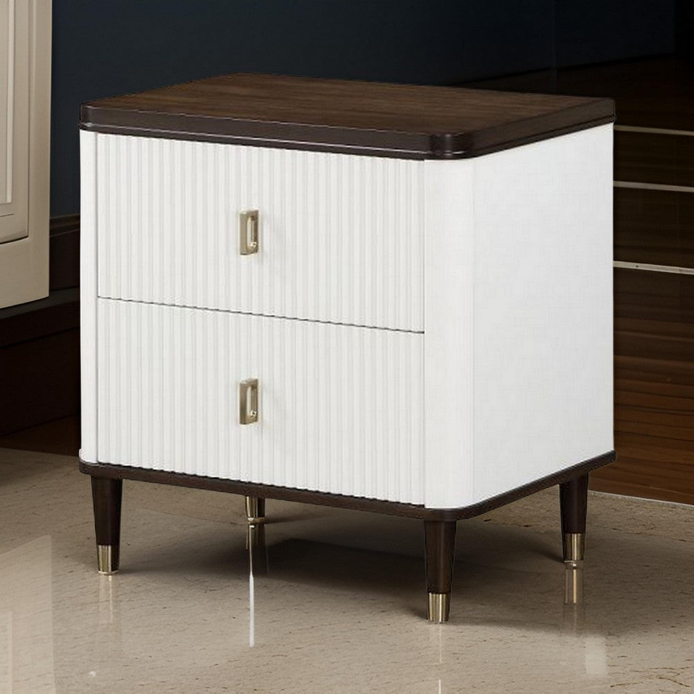 Benjara Aren 27 Inch Nightstand, 2 Drawers, USB Charger, Solid Wood, White, Brown