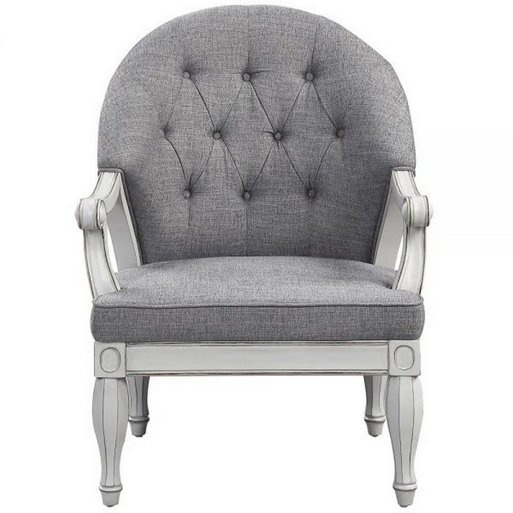 Benjara Fil 32 Inch Armchair, Tufted Backrest, Fabric Upholstery, Poplar Wood, Gray