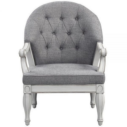 Benjara Fil 32 Inch Armchair, Tufted Backrest, Fabric Upholstery, Poplar Wood, Gray