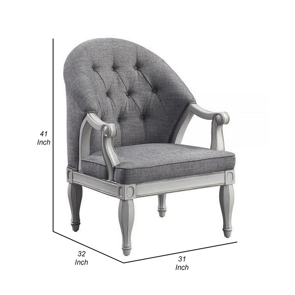 Benjara Fil 32 Inch Armchair, Tufted Backrest, Fabric Upholstery, Poplar Wood, Gray
