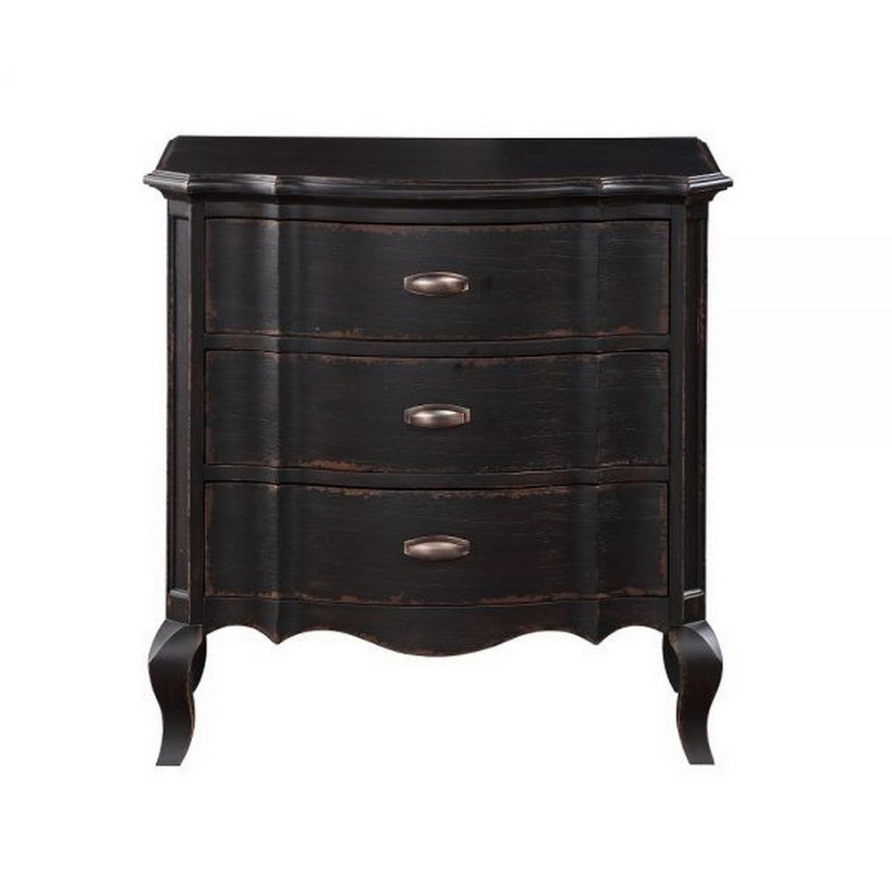 Benjara Cherry 30 Inch Nightstand, 3 Drawers, Cabriole Legs, Rubberwood, Black