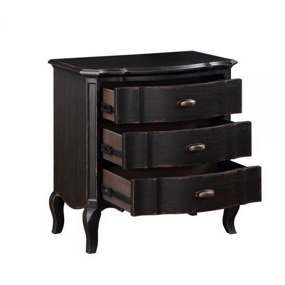 Benjara Cherry 30 Inch Nightstand, 3 Drawers, Cabriole Legs, Rubberwood, Black