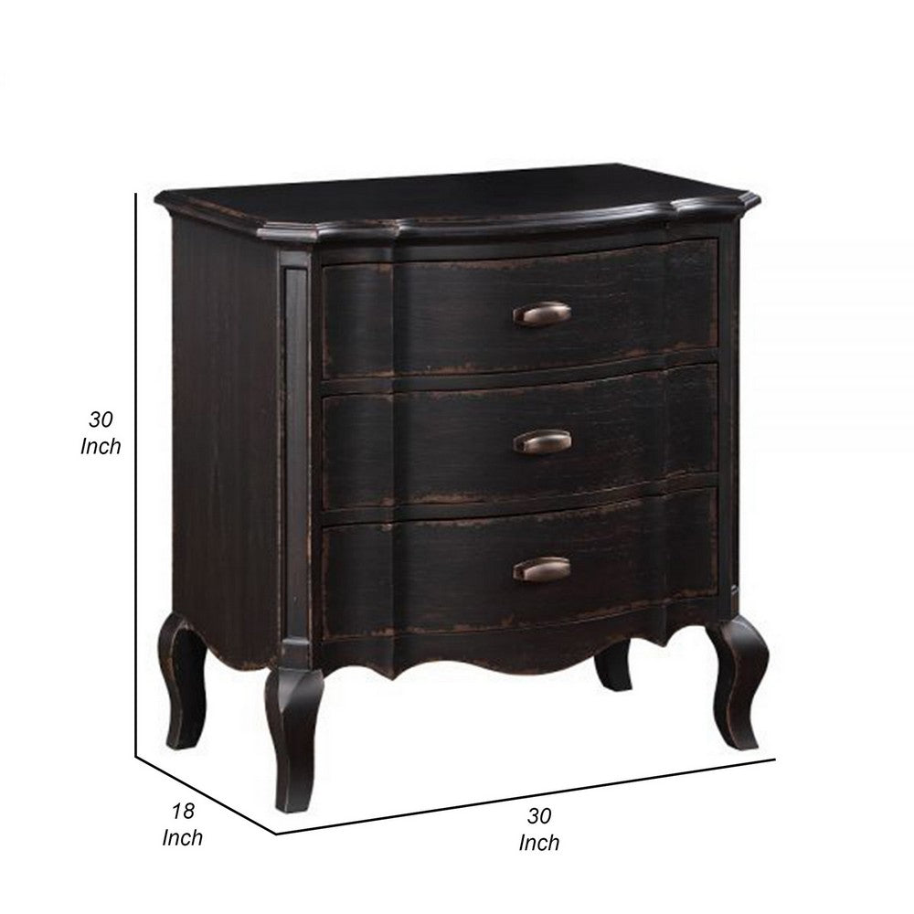 Benjara Cherry 30 Inch Nightstand, 3 Drawers, Cabriole Legs, Rubberwood, Black