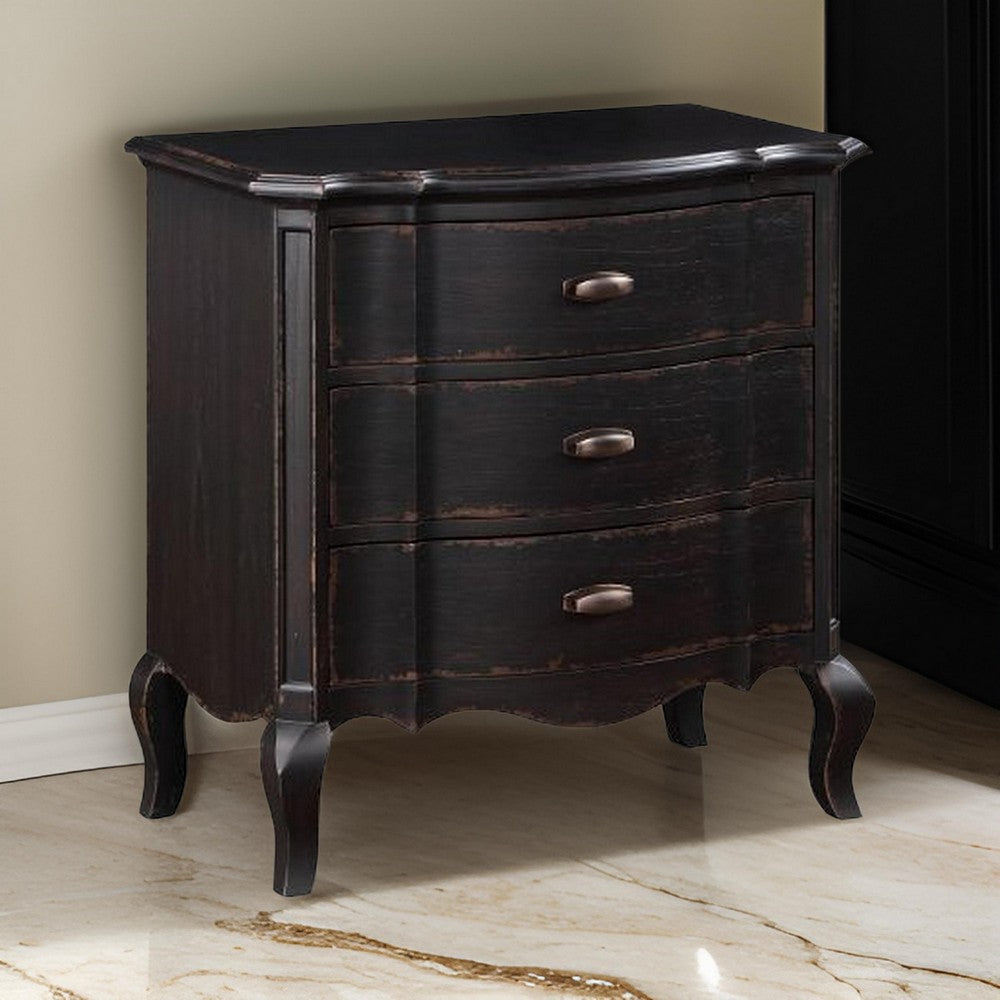 Benjara Cherry 30 Inch Nightstand, 3 Drawers, Cabriole Legs, Rubberwood, Black