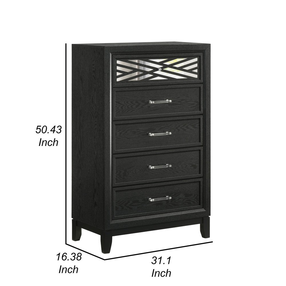 Benjara Kira 50 Inch Tall Dresser Chest, 5 Dovetail Drawers, Black Rubberwood