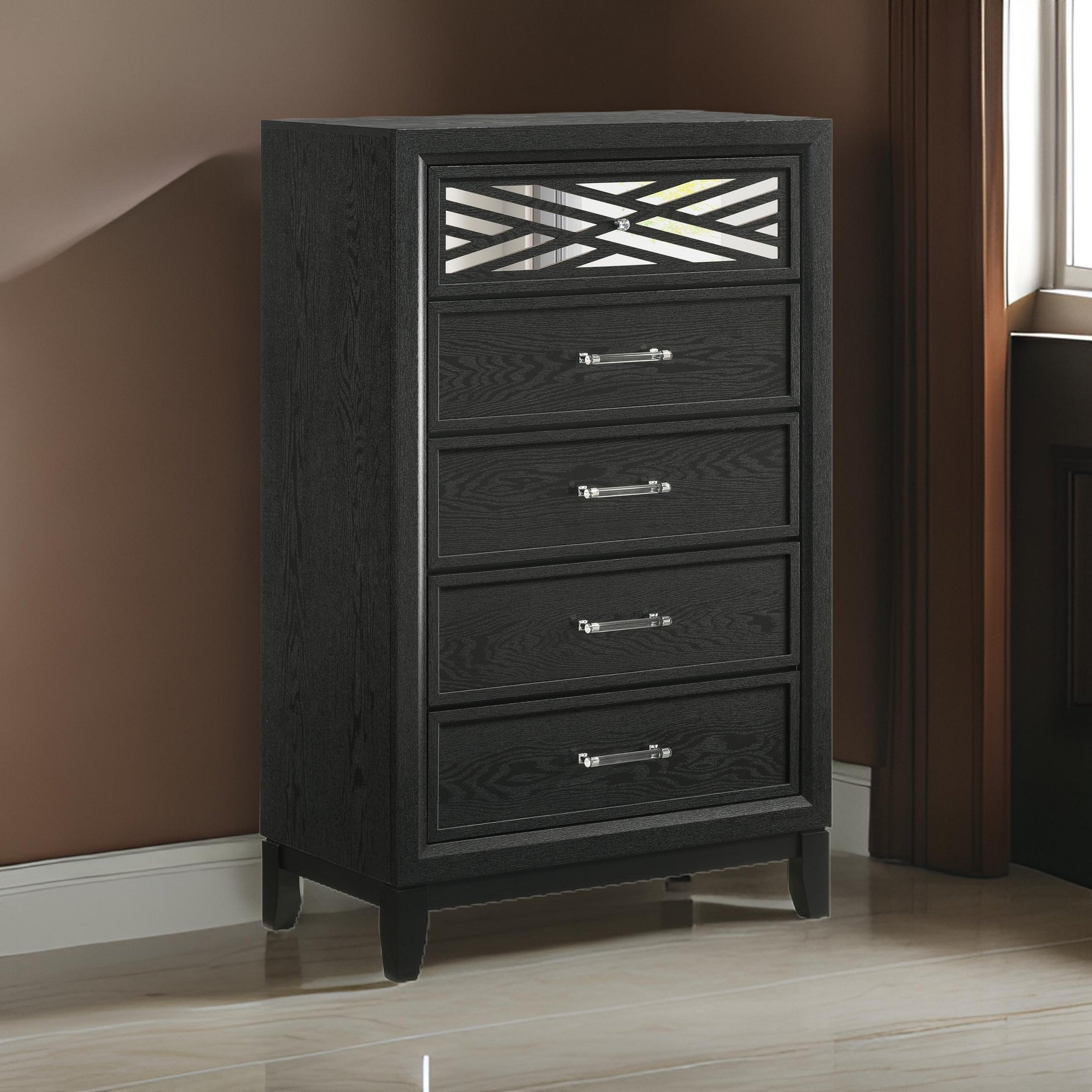 Benjara Kira 50 Inch Tall Dresser Chest, 5 Dovetail Drawers, Black Rubberwood