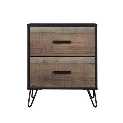 Benjara Lala 25 Inch Nightstand, 2 Drawers, Black Handles, Rustic Brown Wood Finish