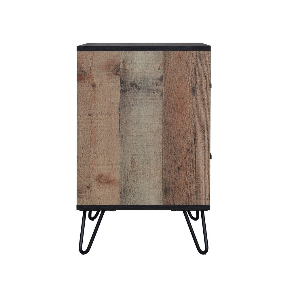 Benjara Lala 25 Inch Nightstand, 2 Drawers, Black Handles, Rustic Brown Wood Finish