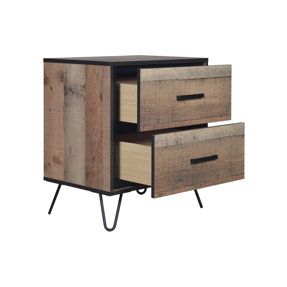 Benjara Lala 25 Inch Nightstand, 2 Drawers, Black Handles, Rustic Brown Wood Finish