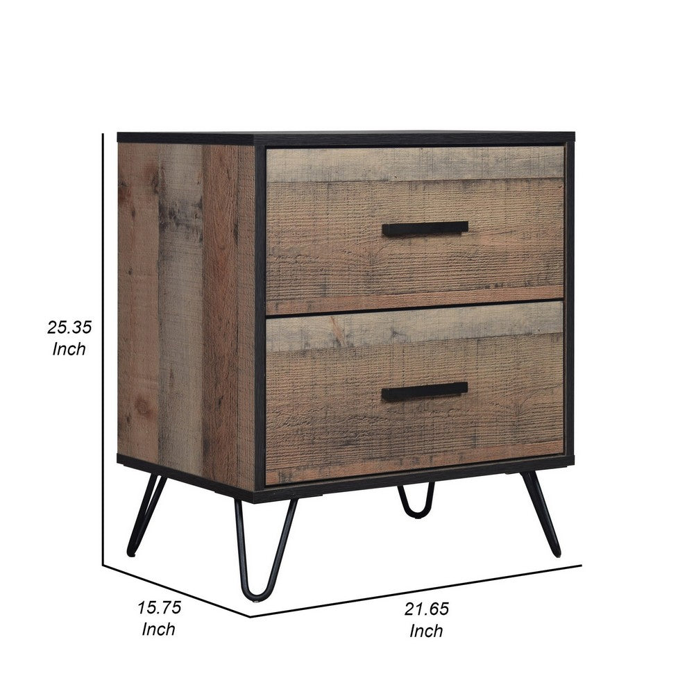 Benjara Lala 25 Inch Nightstand, 2 Drawers, Black Handles, Rustic Brown Wood Finish