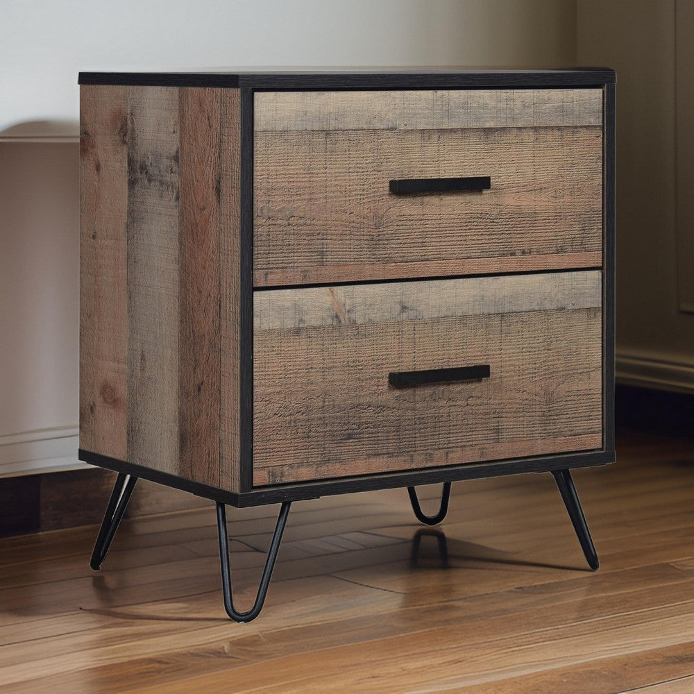Benjara Lala 25 Inch Nightstand, 2 Drawers, Black Handles, Rustic Brown Wood Finish