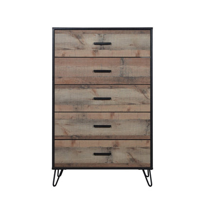 Benjara Lala 50 Inch Tall Dresser Chest, 5 Drawers, Black Handles, Rustic Brown