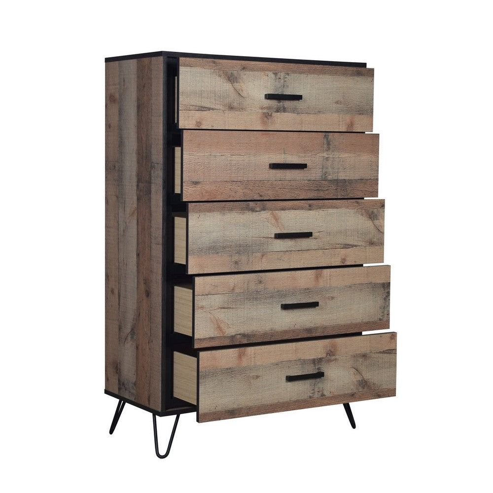 Benjara Lala 50 Inch Tall Dresser Chest, 5 Drawers, Black Handles, Rustic Brown