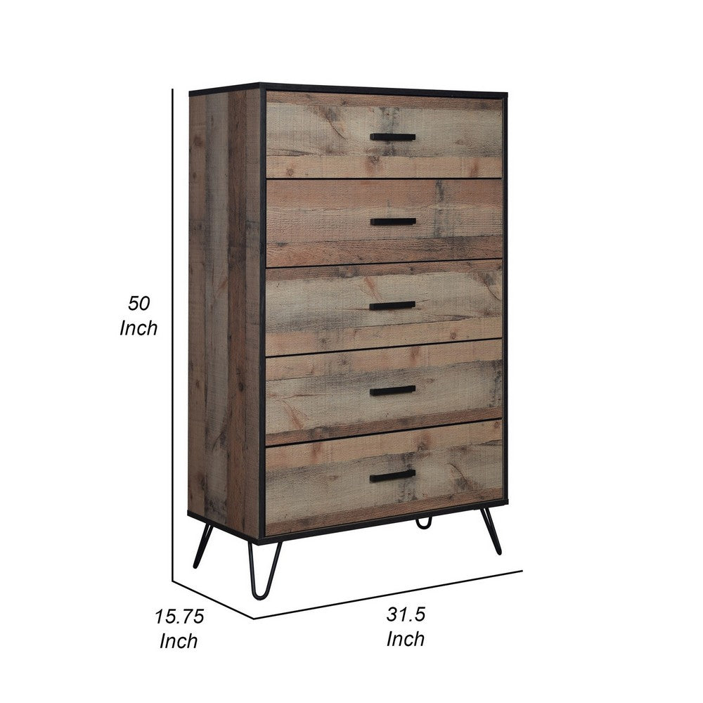 Benjara Lala 50 Inch Tall Dresser Chest, 5 Drawers, Black Handles, Rustic Brown