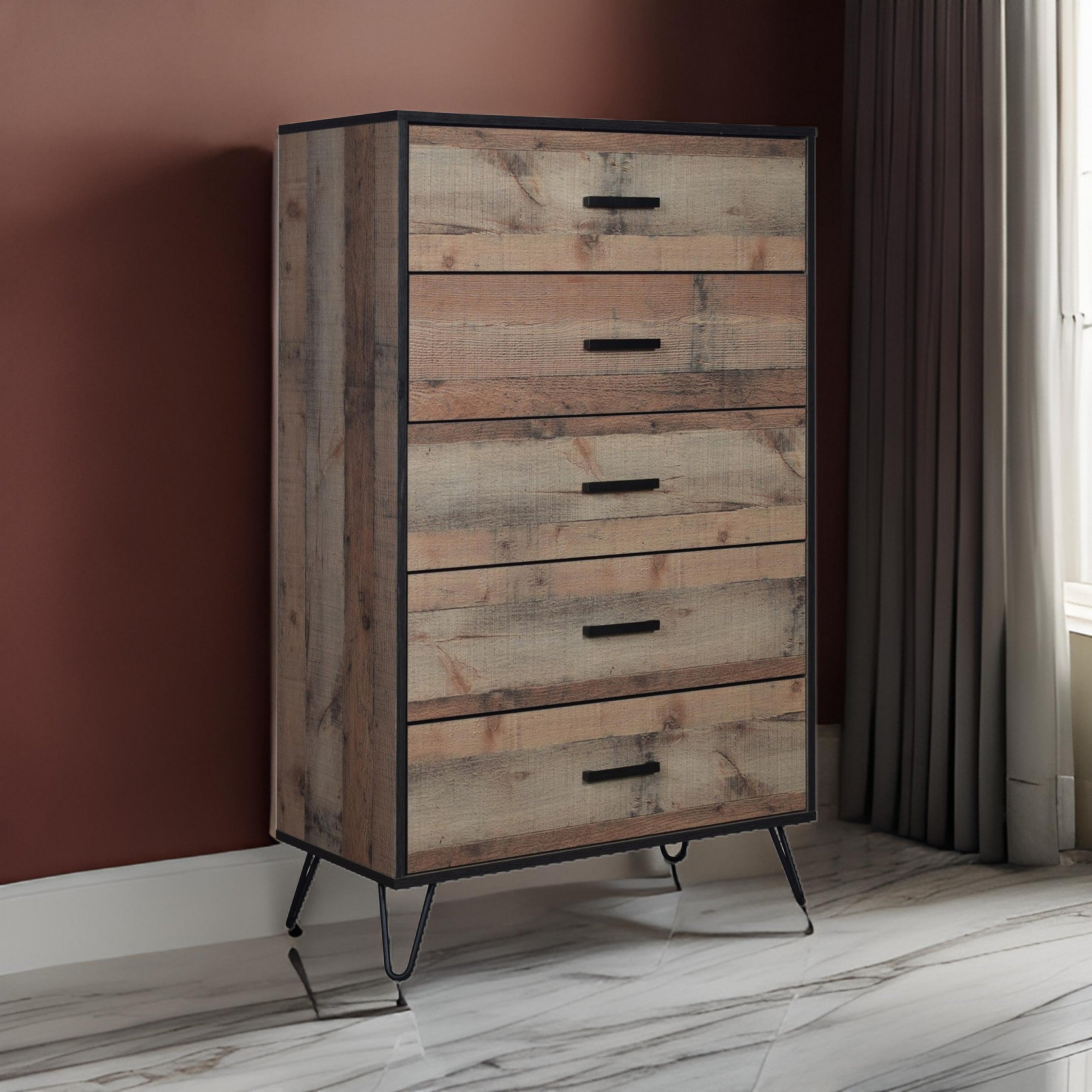Benjara Lala 50 Inch Tall Dresser Chest, 5 Drawers, Black Handles, Rustic Brown