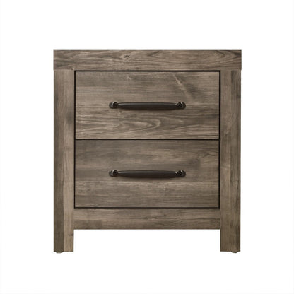 Benjara Ent 24 Inch Nightstand, 2 Drawers with Black Handles, Greige Brown Finish